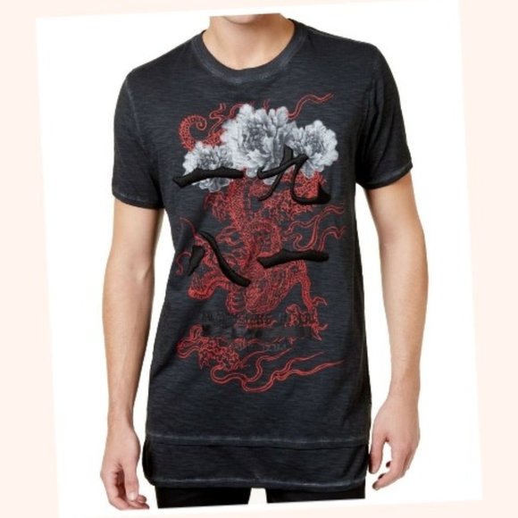 GUESS Men's Floral Dragon 1981 Long Line Fit T-Shirt Size 2XL - Picture 1 of 7